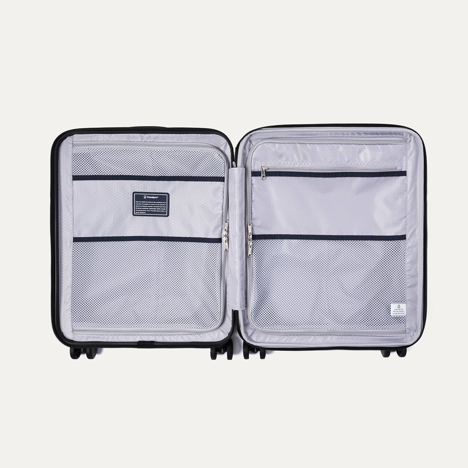 Interior view of Travelpro Maxlite Air V2 Spinner featuring mesh zippered compartments for organized packing.