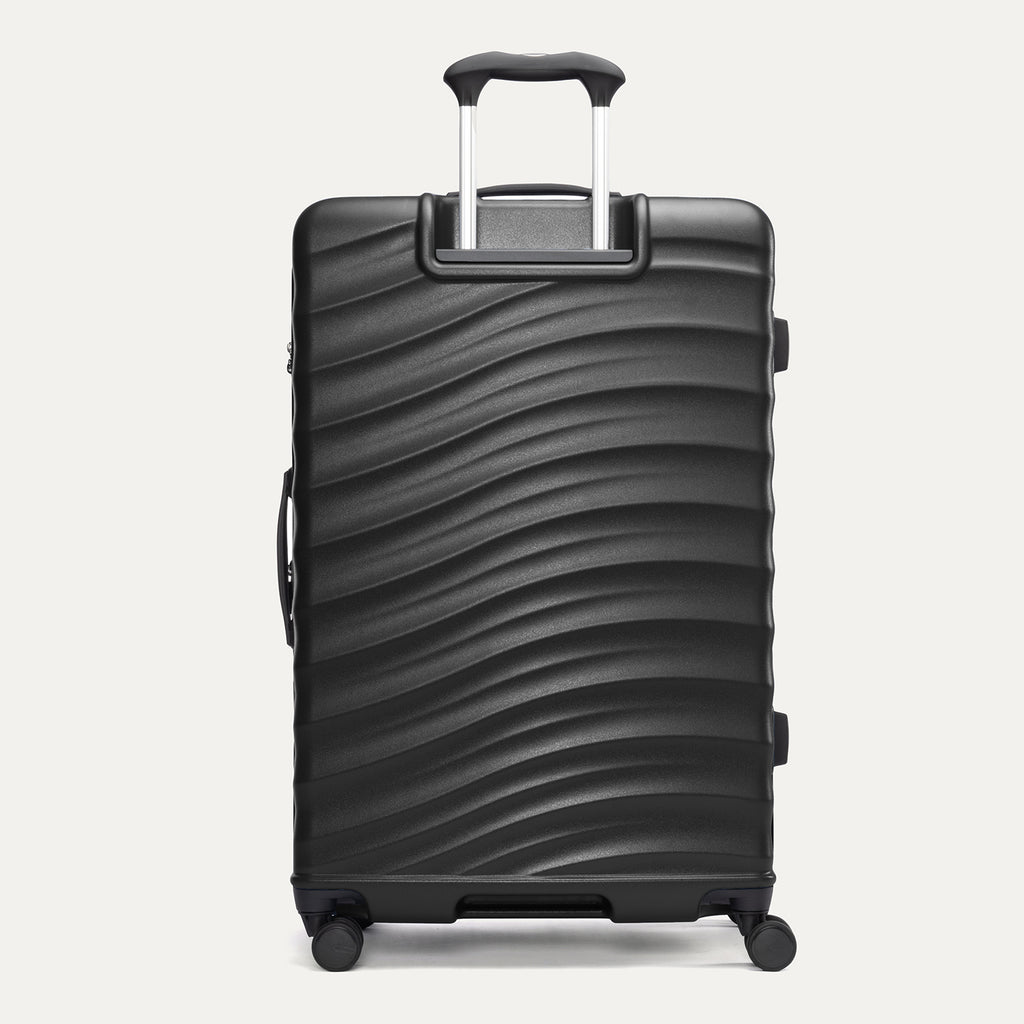 Rear view of Travelpro Maxlite Air V2 Check-In Spinner in Black, featuring an extended telescopic handle and side carry handle.