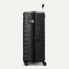 Side view of Travelpro Maxlite Air V2 Check-In Spinner in Black, showing expandable zipper, Low-Profile Side Carry Handle, and extended PowerScope Lite Handle.