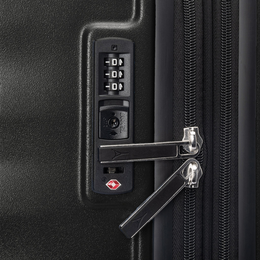Close-up of TSA Approved Lock on Travelpro Maxlite Air V2 Spinner in Black.