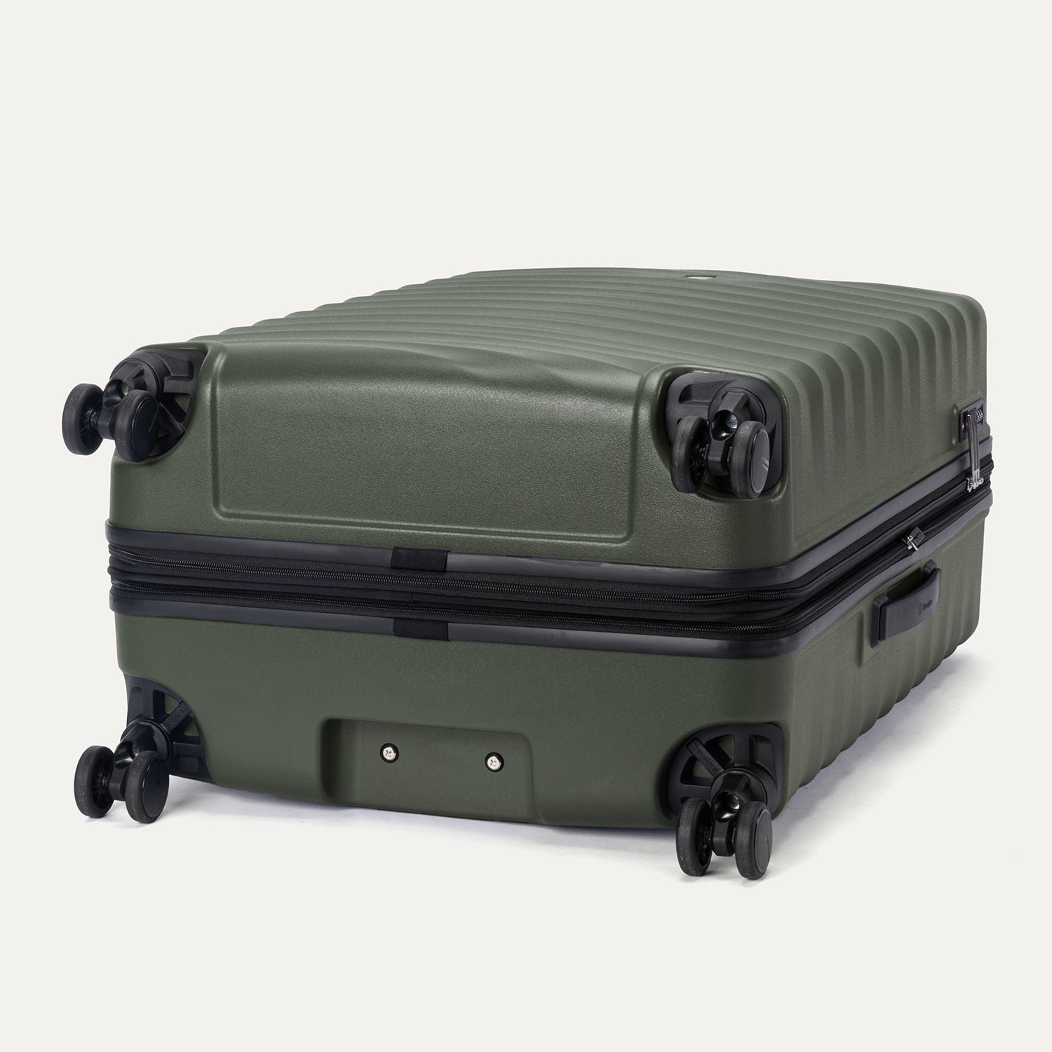 Bottom view of Travelpro Maxlite Air V2 Spinner in Slate Green, featuring dual spinner wheels and visible side carry handle.