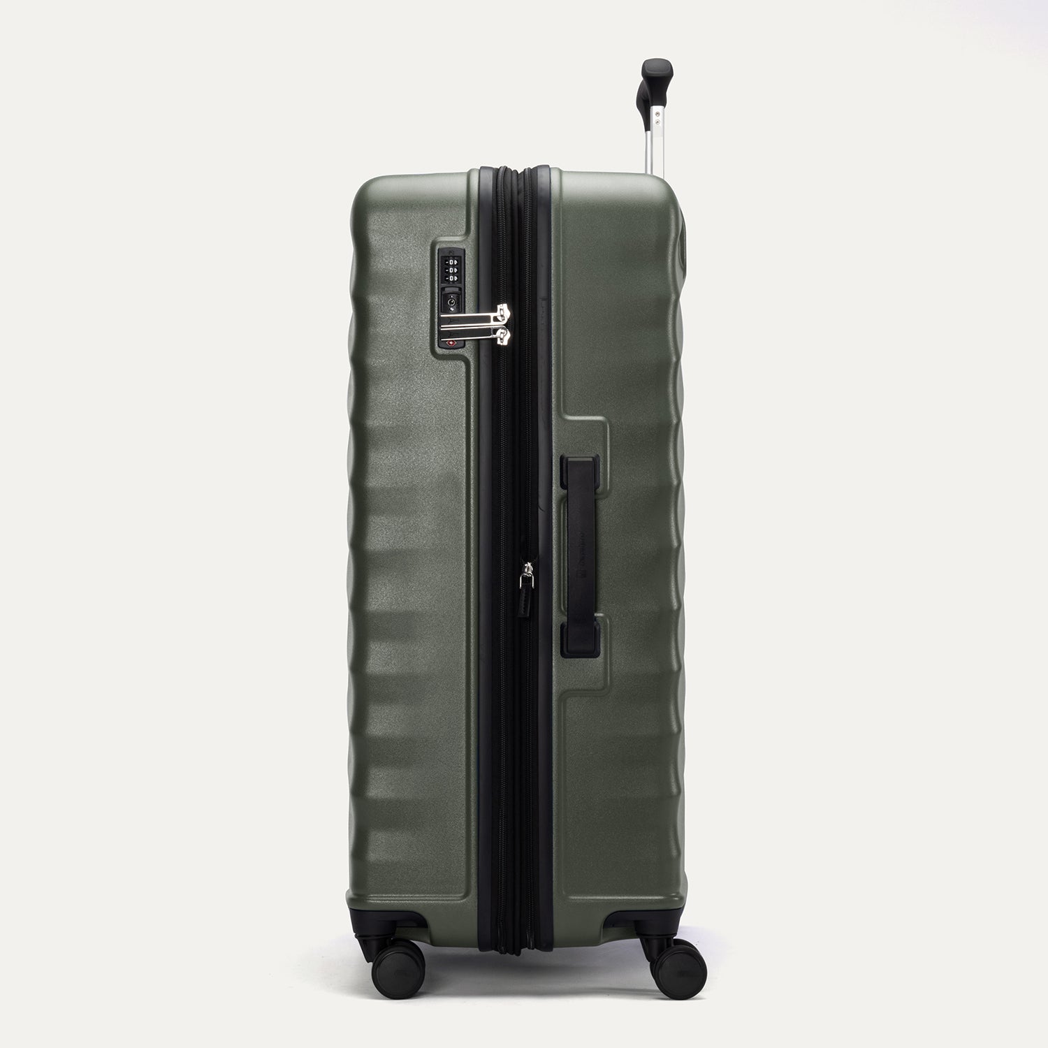 Side view of Travelpro Maxlite Air V2 Check-In Spinner in Slate Green, showing expandable zipper, Low-Profile Side Carry Handle, and extended PowerScope Lite Handle.