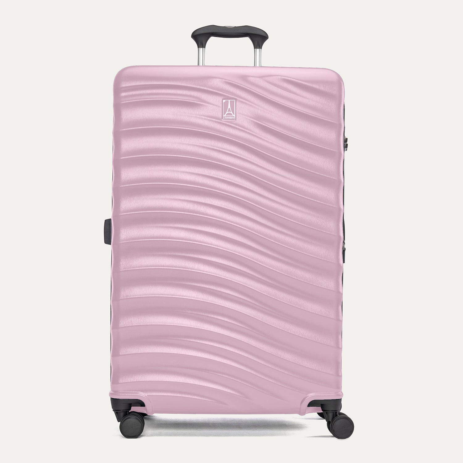 Front view of Travelpro Maxlite Air V2 Check-In Spinner in Orchid Pink, featuring a textured shell, integrated logo, top handle, and 360° spinner wheels.