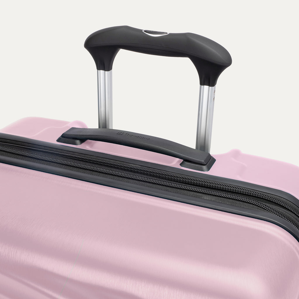 Top view of Travelpro Maxlite Air V2 Check-In Spinner in Orchid Pink, featuring the Contour Grip and PowerScope Lite Handle.
