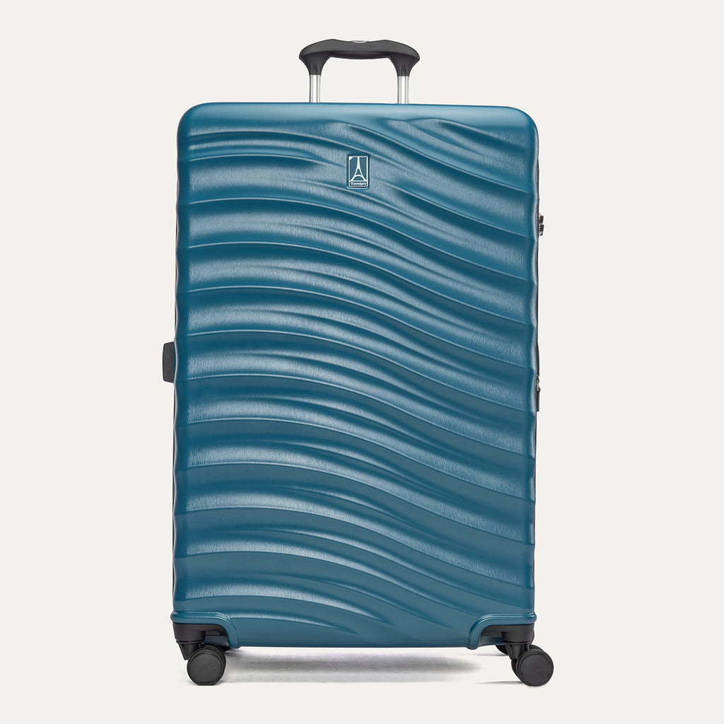 Front view of Travelpro Maxlite Air V2 Check-In Spinner in Teal, featuring a textured shell, top handle, and 360° spinner wheels.