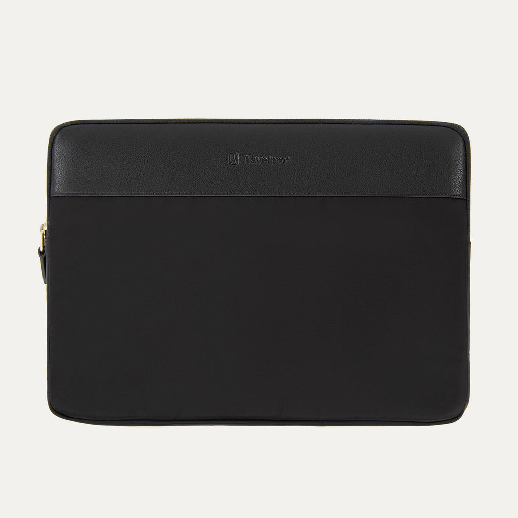 Black Travelpro Essentials padded laptop sleeve with leather trim and a zipper.