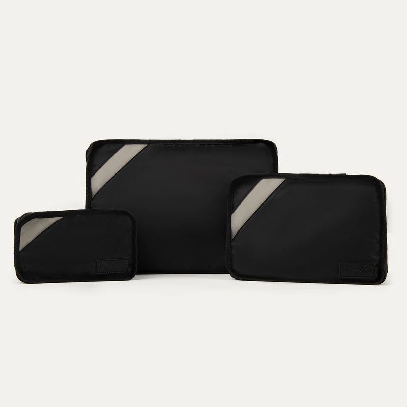 Front view of Travelpro Essentials 3 Pack Packing Cube Set (S/M/L) in BLACK, with diagonal accent panels