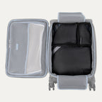 Top view of open carry-on with Travelpro Essentials 3 Pack Packing Cube Set in BLACK, neatly packed to maximize space.
