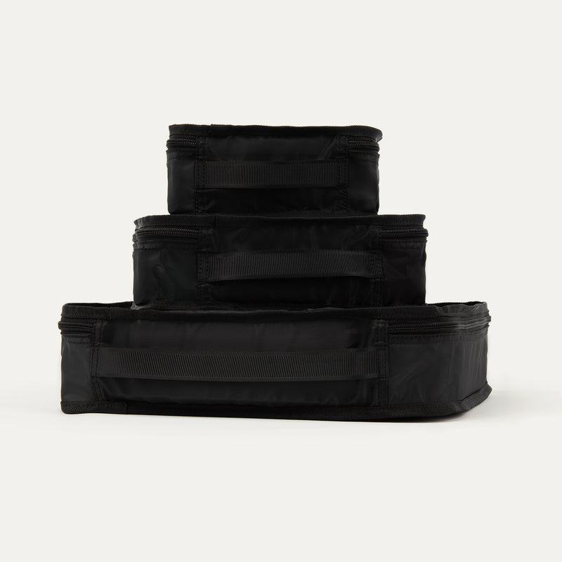 Rear view of Travelpro Essentials 3 Pack Packing Cube Set (S/M/L) in BLACK, stacked to show integrated grab handles.
