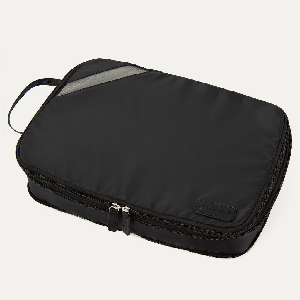 A black Travelpro Essentials large expandable/compressible packing cube with a zipper.