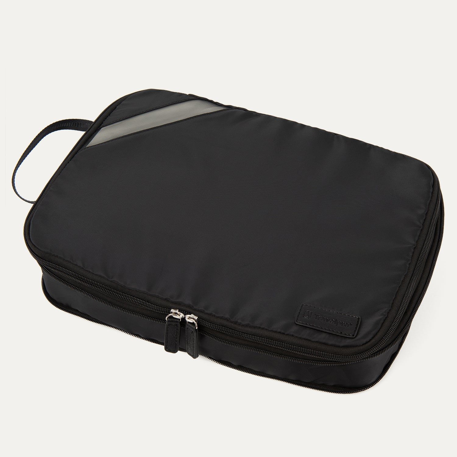 A black Travelpro Essentials large expandable/compressible packing cube with a zipper.