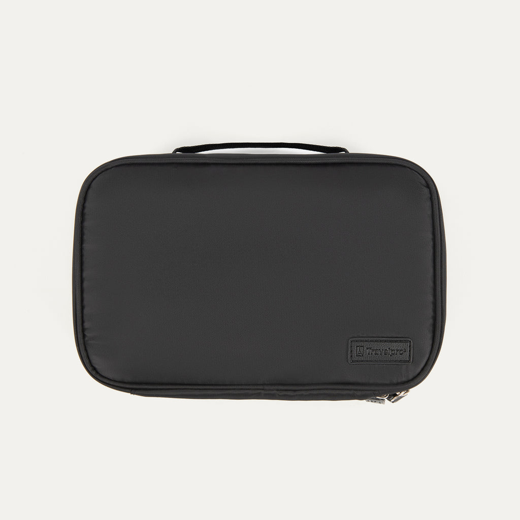 Travelpro Split Case Toiletry Bag in black with a top carry handle and Travelpro logo patch.

