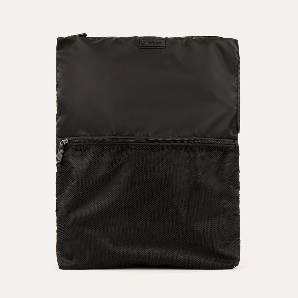 A black Travelpro Essentials washable travel laundry bag with a mesh pocket on the front