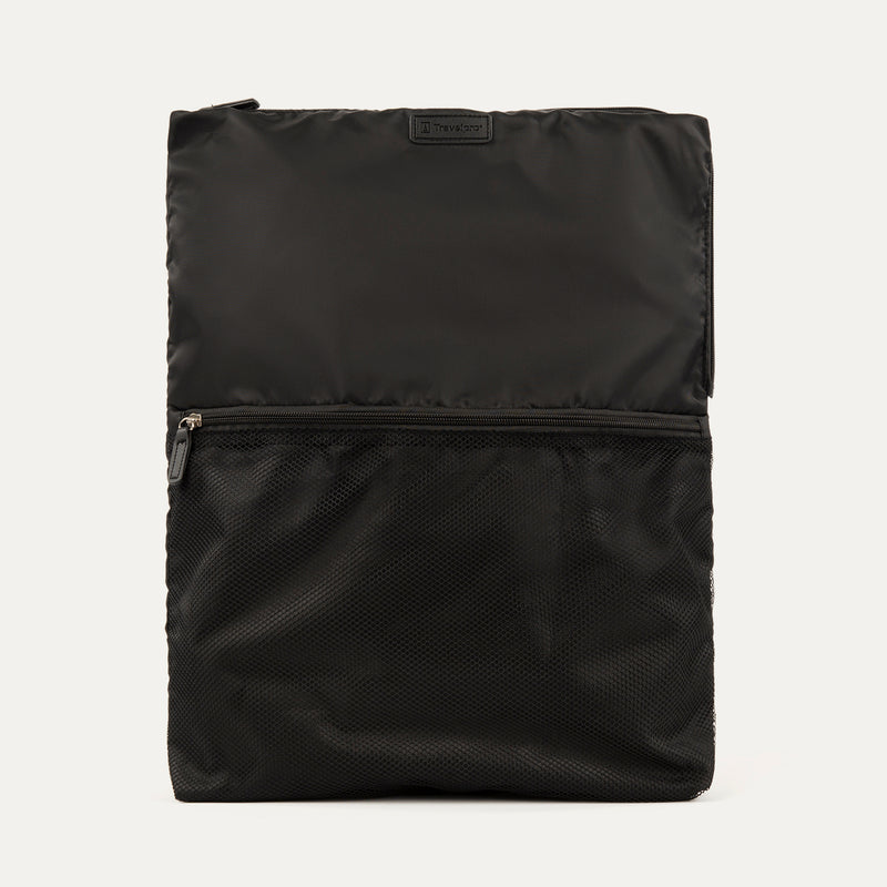 A black Travelpro Essentials washable travel laundry bag with a mesh pocket on the front
