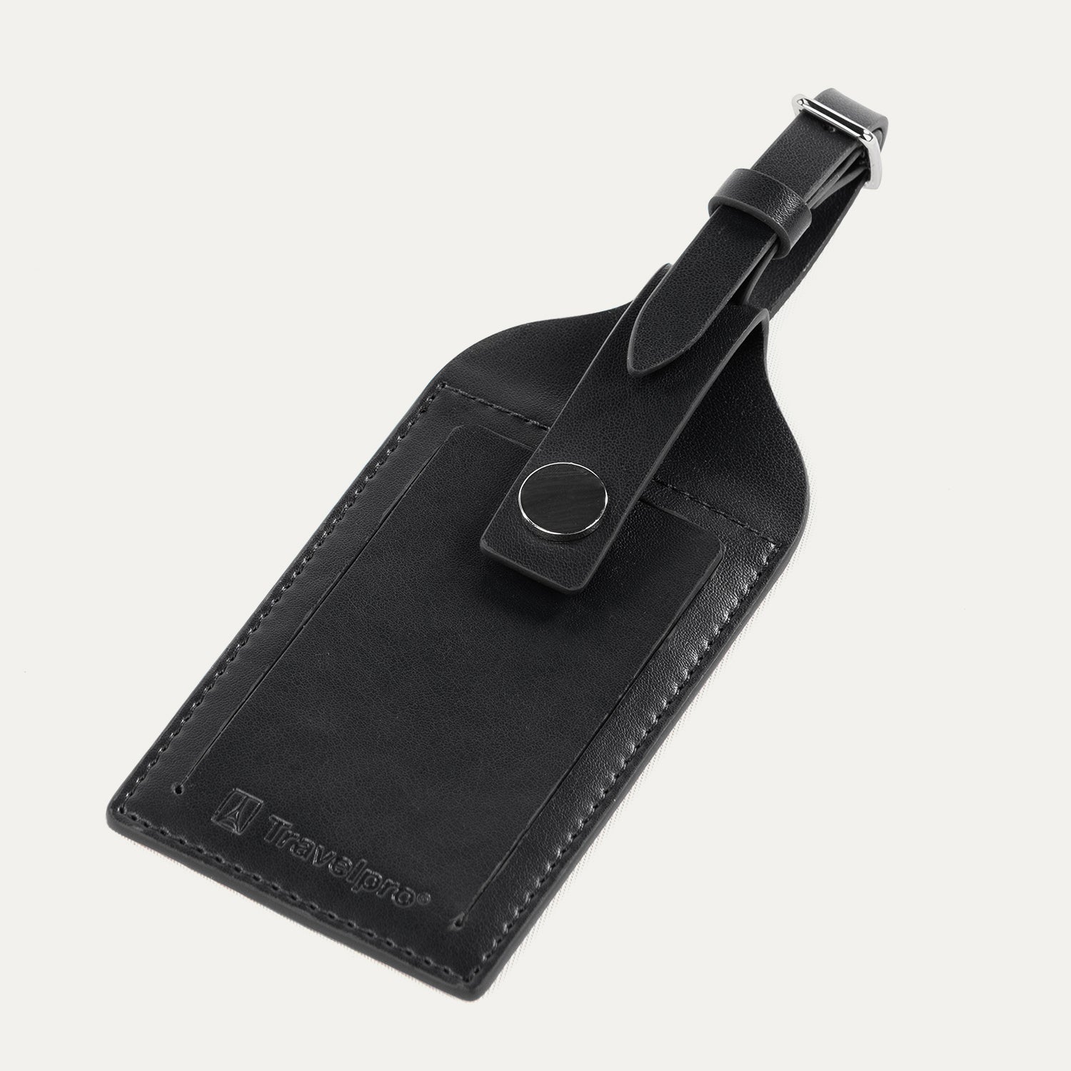 A black leather luggage tag with a strap and buckle, featuring the Travelpro brand logo.