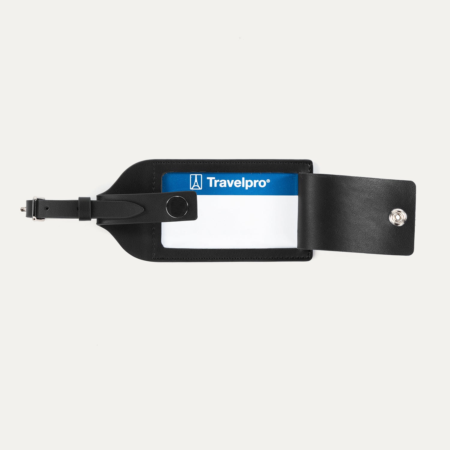 Open view of Travelpro Essentials Leather Luggage Tag in Black, with ID window and snap-closure privacy flap.