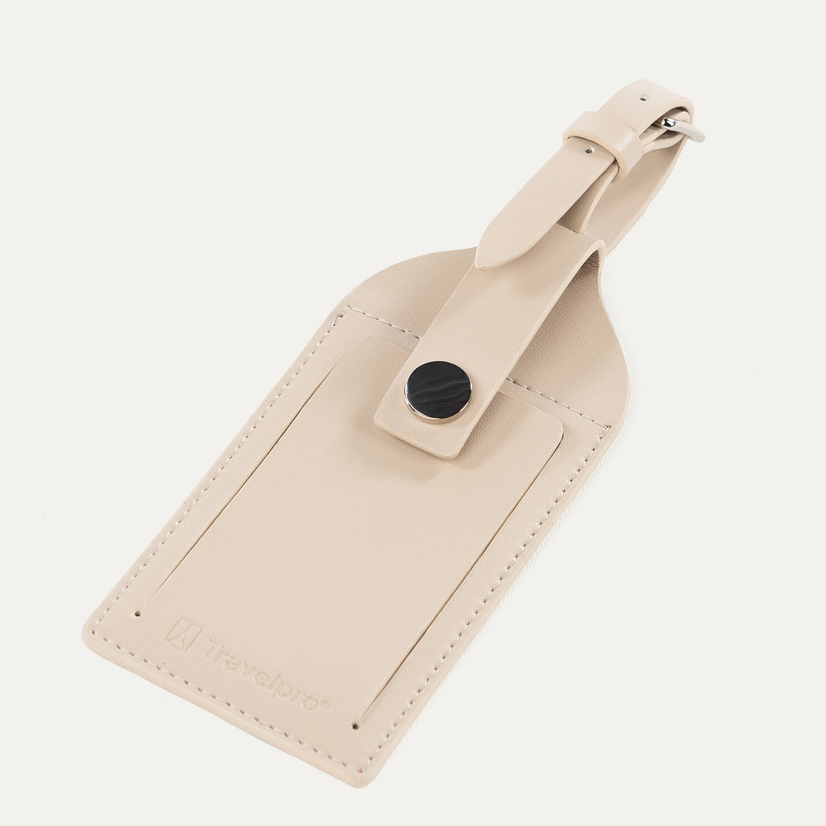 Travelpro Essentials Leather Luggage Tag in Khaki, featuring a buckle strap and privacy flap with snap closure.
