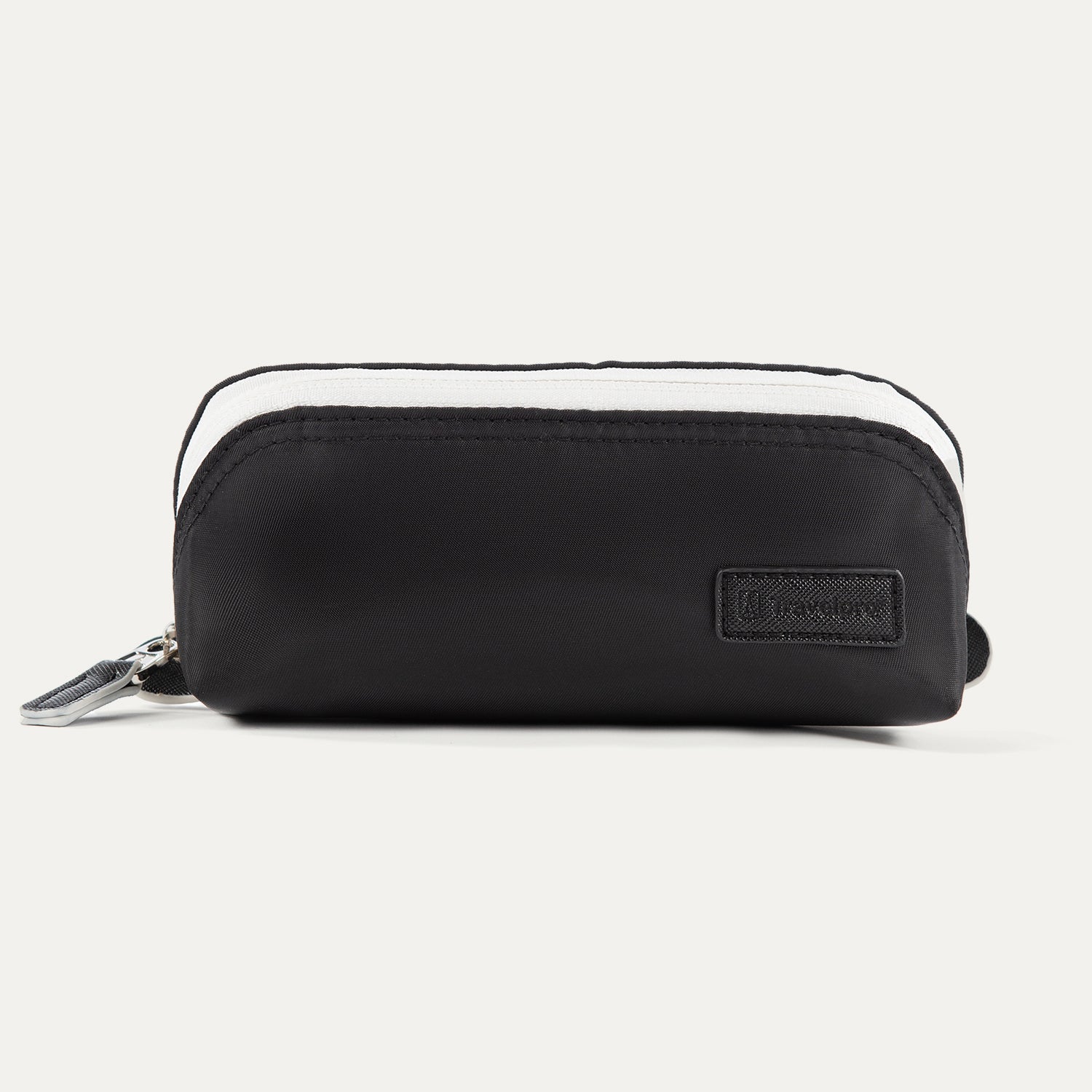 A black Travelpro Essentials MaxAccess Cubes small organizer with a zipper, made from high-density polyester fabric, with a built-in side pocket for storing smaller items.