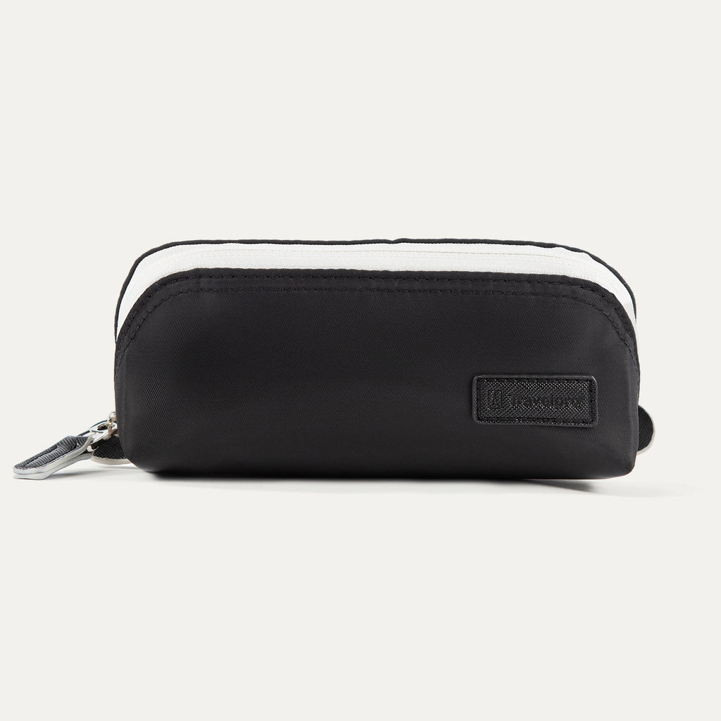 A black Travelpro Essentials MaxAccess Cubes small organizer with a zipper, made from high-density polyester fabric, with a built-in side pocket for storing smaller items.