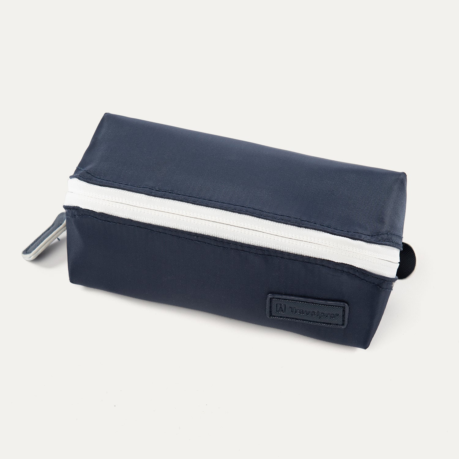 Small navy Travelpro MaxAccess Cubes organizer with white zipper and side loop, shown at an angled front view.
