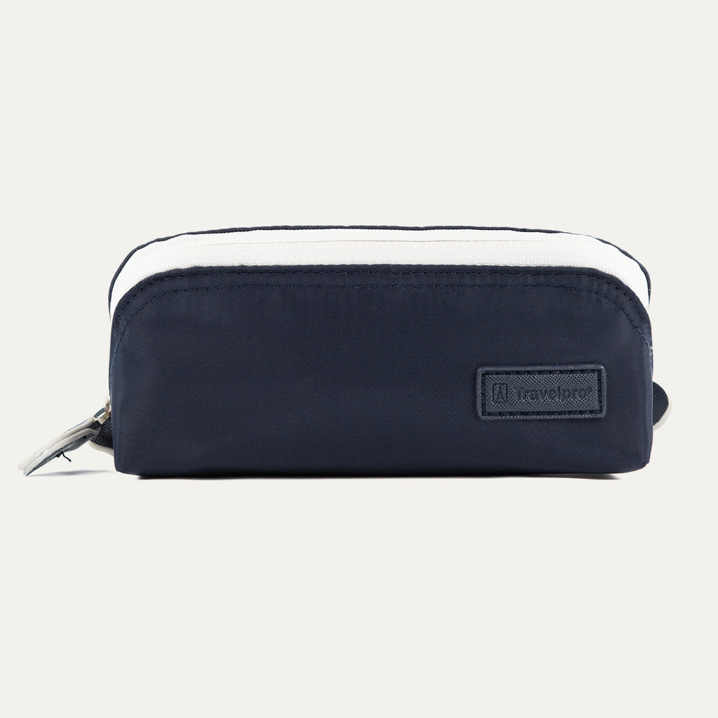 Front view of the Travelpro MaxAccess Cubes small Organizer in navy with white trim, featuring the Travelpro logo