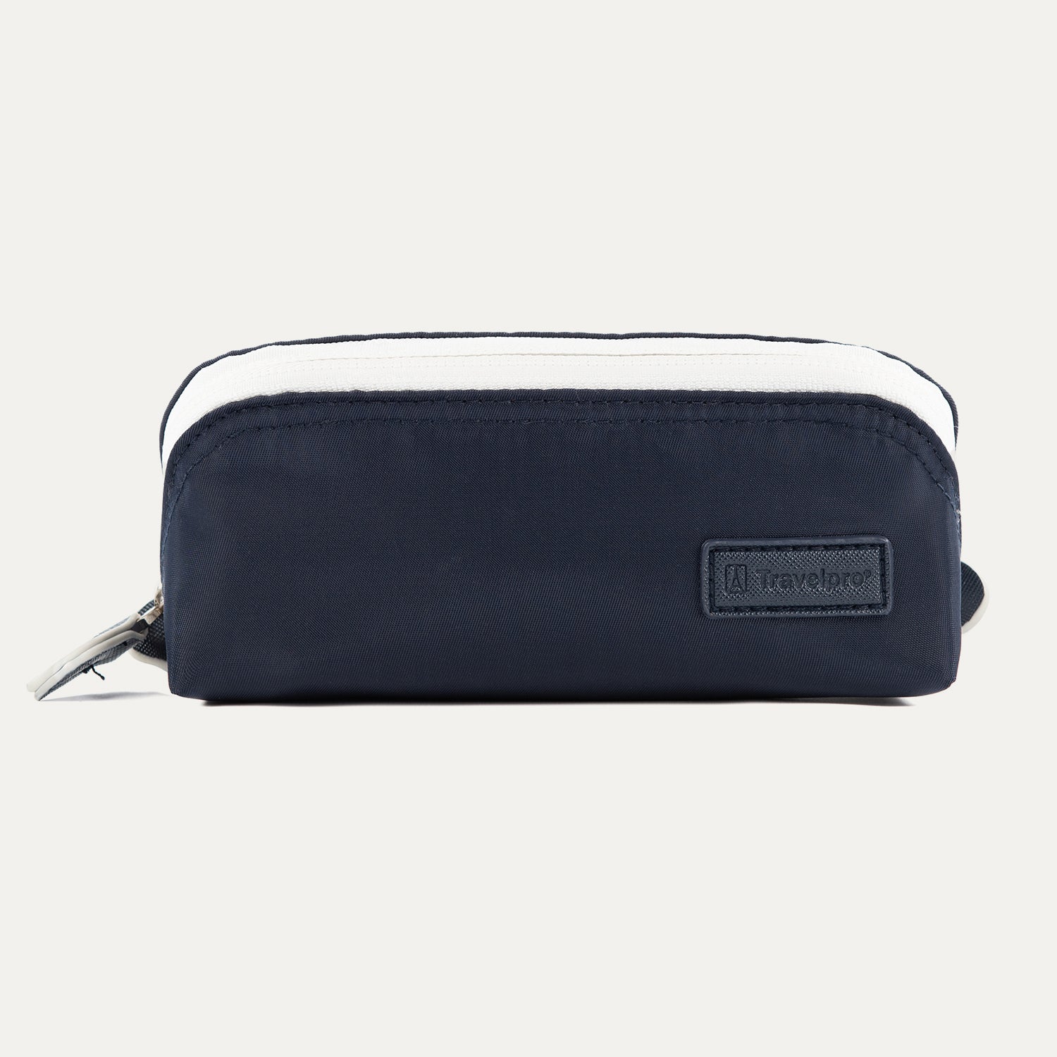Front view of the Travelpro MaxAccess Cubes small Organizer in navy with white trim, featuring the Travelpro logo