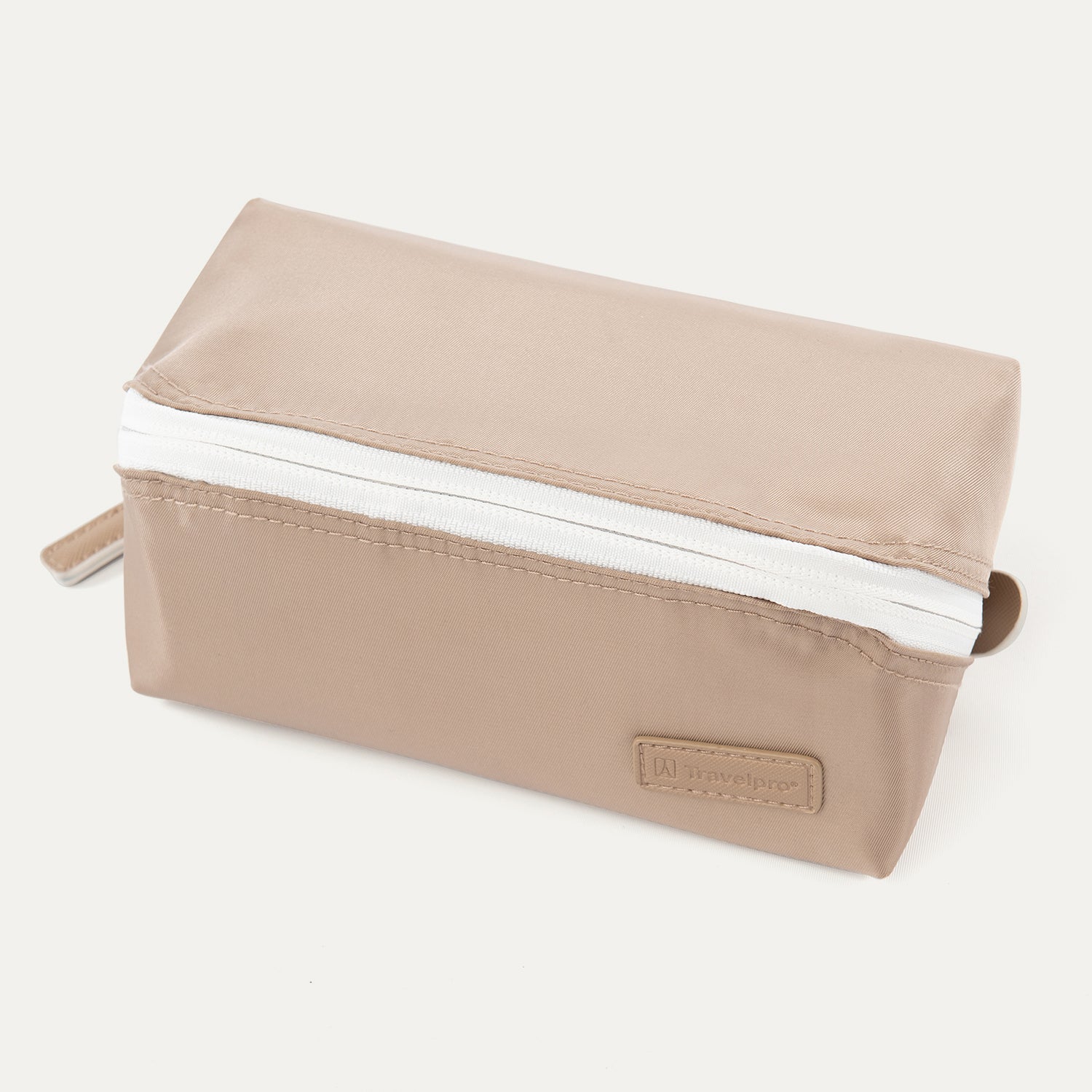 MaxAccess Cubes™ Large Organizer in khaki with a white zipper, durable fabric, and embossed Travelpro logo patch on the front
