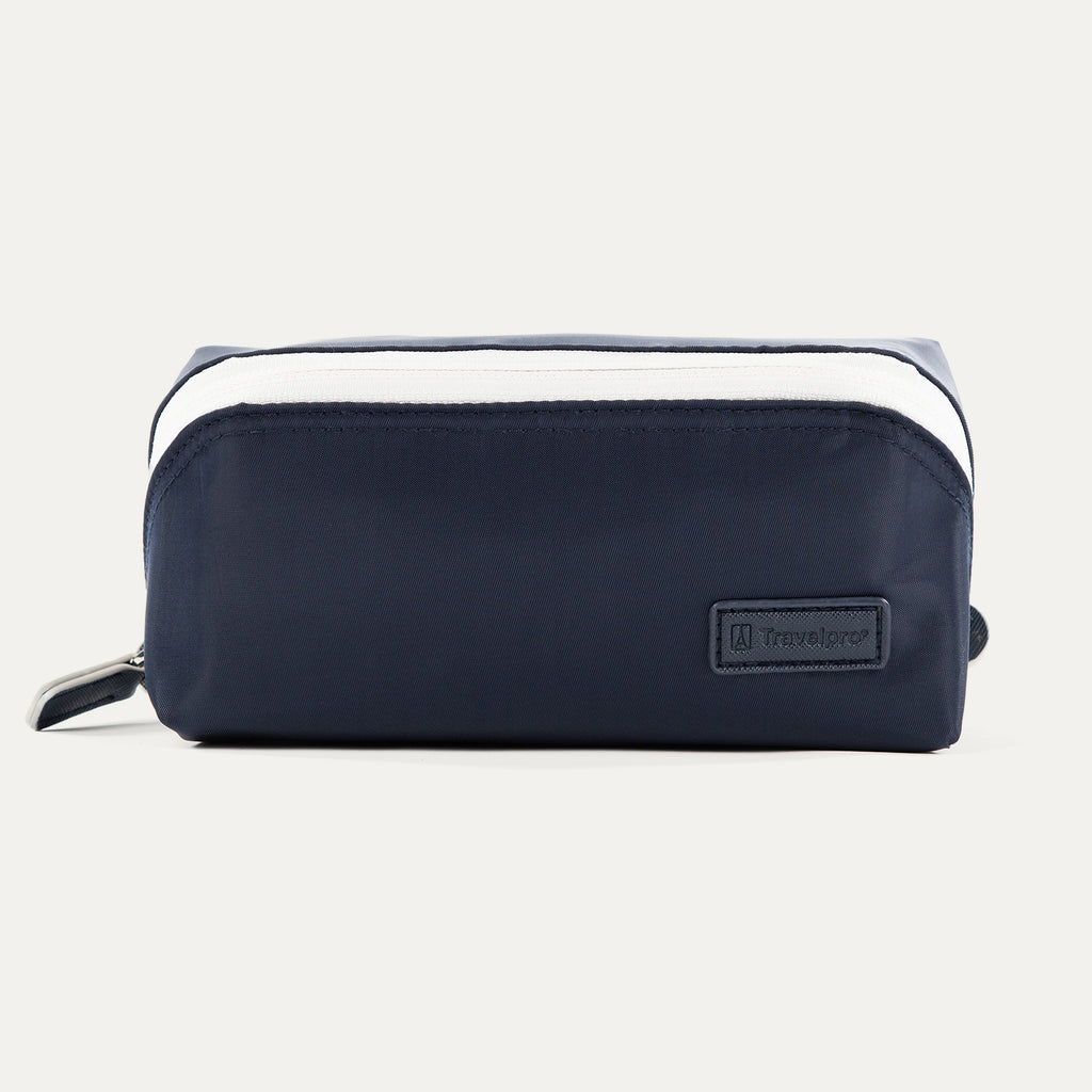 Front view of the MaxAccess Cubes™ Large Organizer in navy blue with a white zipper and embossed Travelpro logo patch.