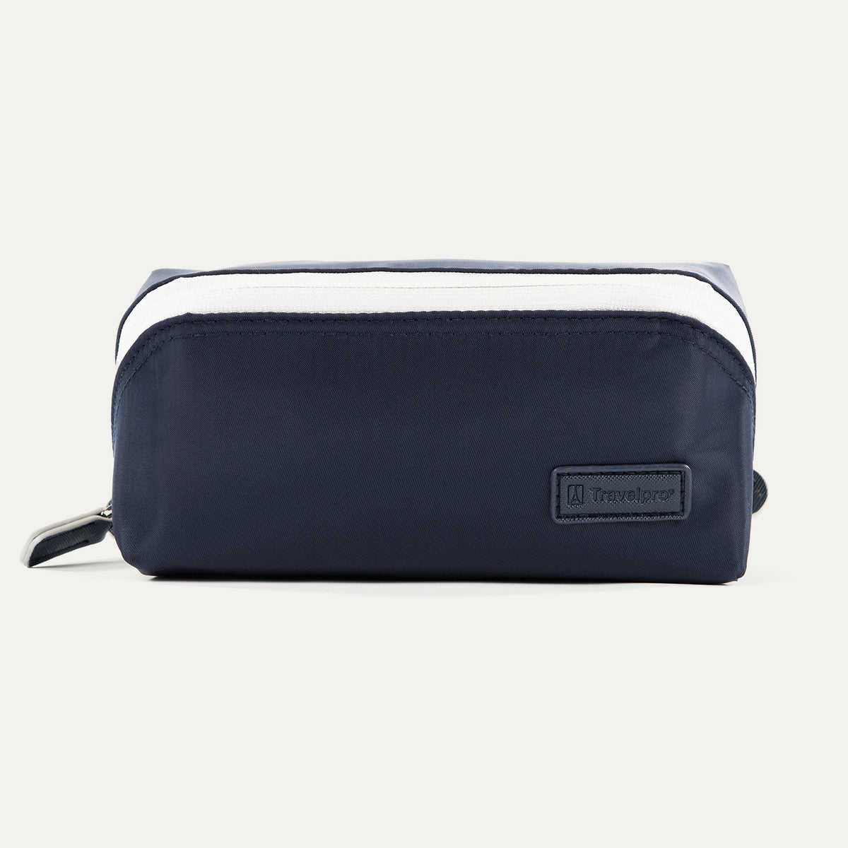 Front view of the MaxAccess Cubes™ Large Organizer in navy blue with a white zipper and embossed Travelpro logo patch.