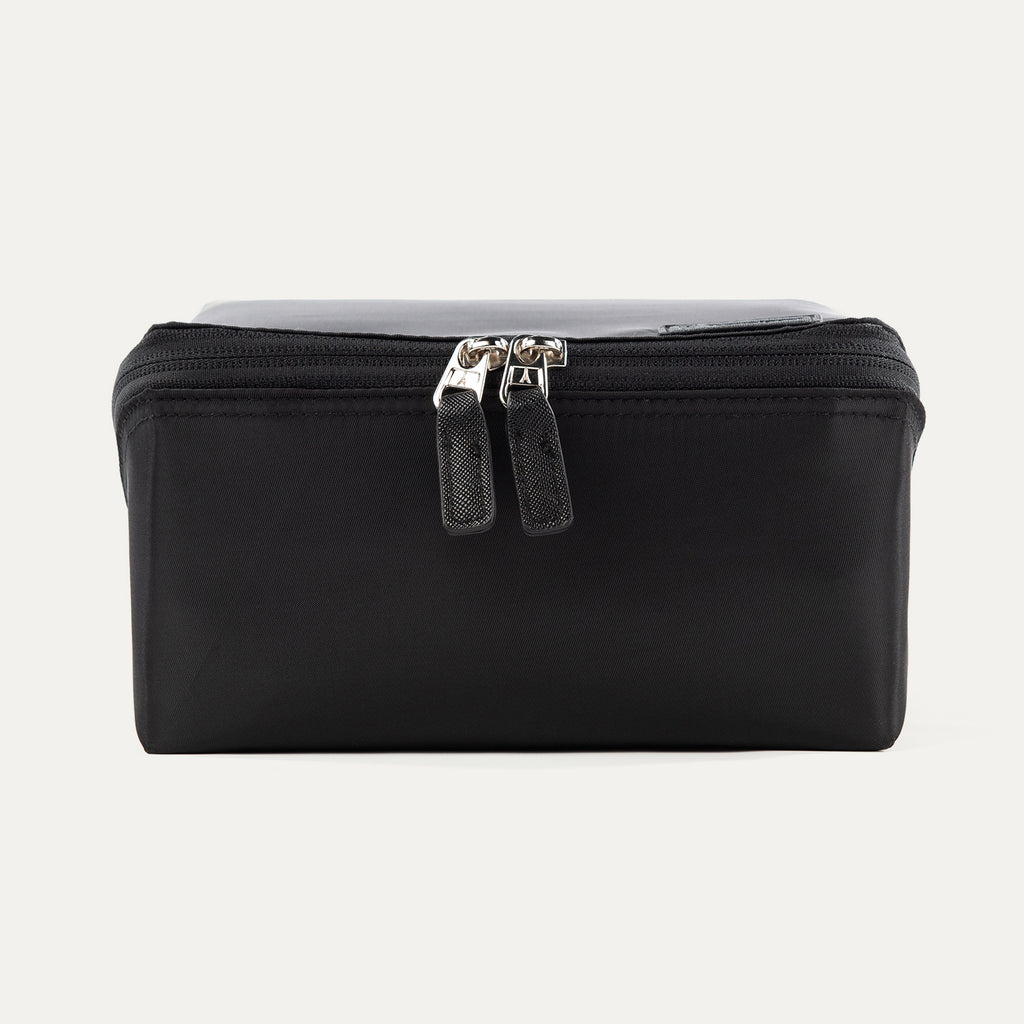 Front view of the MaxAccess Cubes™ Deluxe Hanging Toiletry Organizer in black featuring dual silver zipper 