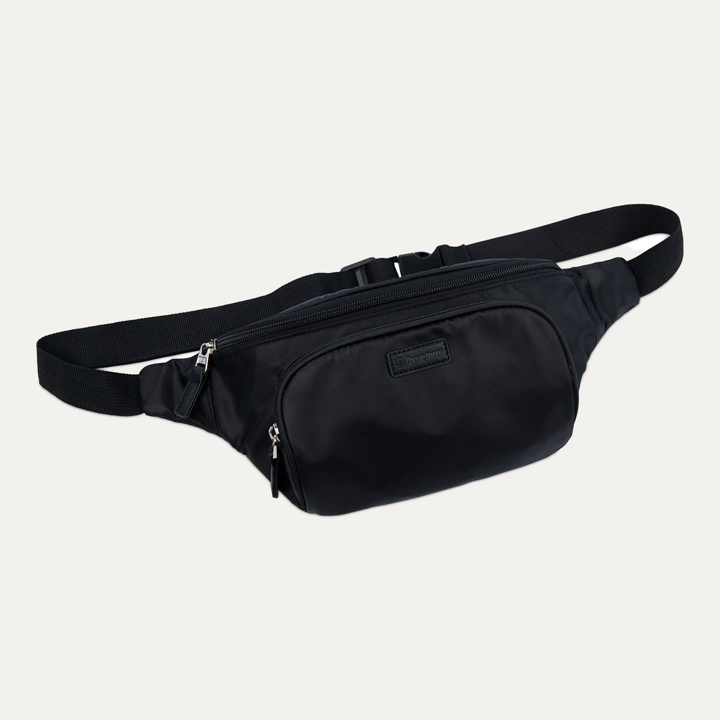 Black waist bag on a white background
