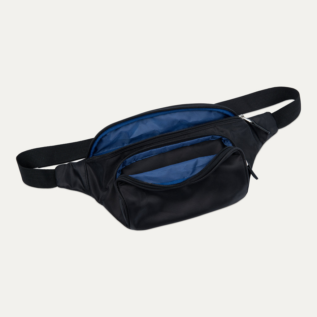 Black waist bag with blue interior on a white background