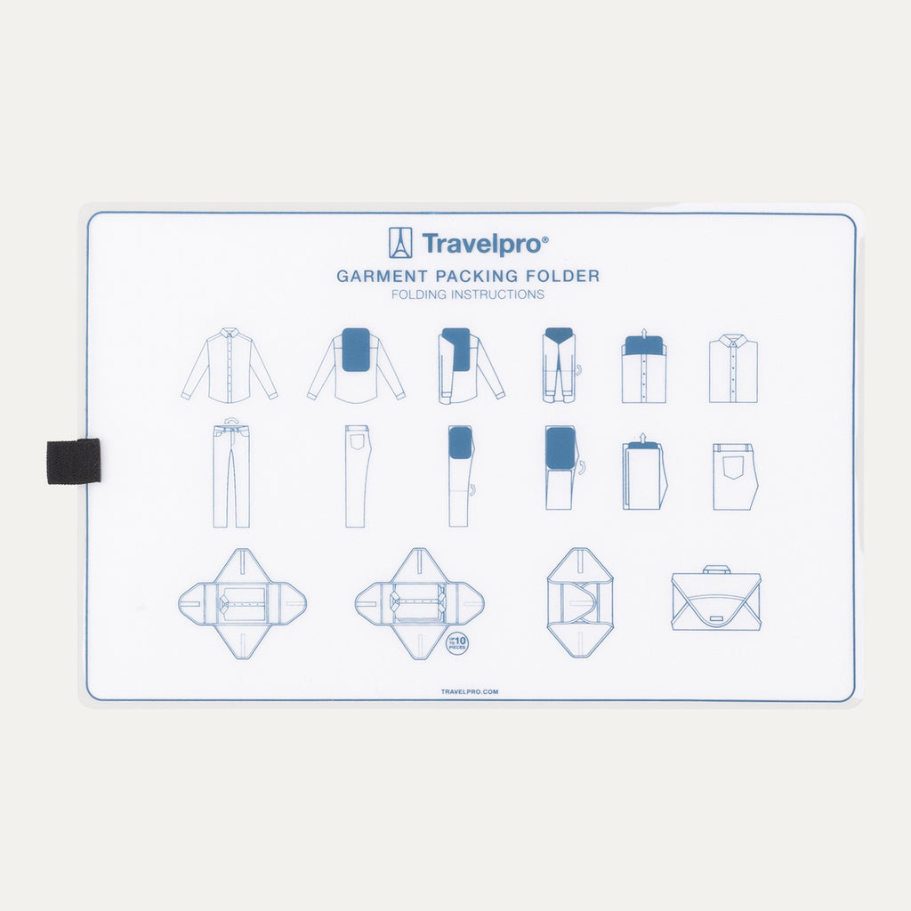 Close-up of Travelpro Essentials Foldable Garment Folder packing board, displaying illustrated folding instructions.
