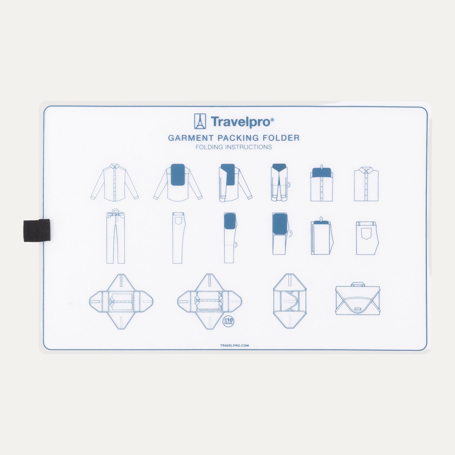 Close-up of Travelpro Essentials Foldable Garment Folder packing board, displaying illustrated folding instructions.
