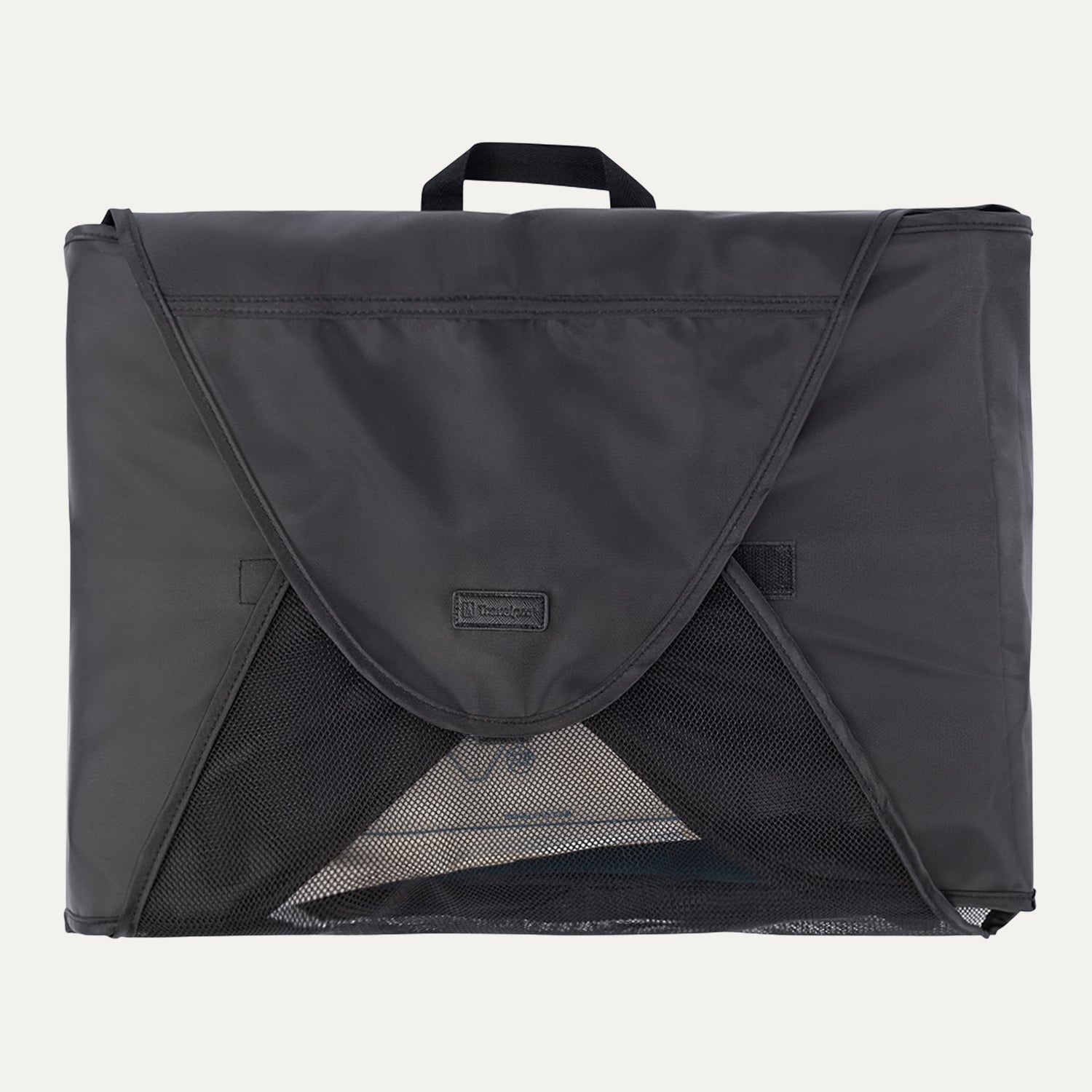 Front view of Travelpro Essentials Foldable Garment Folder in BLACK, with mesh panels revealing inside.

