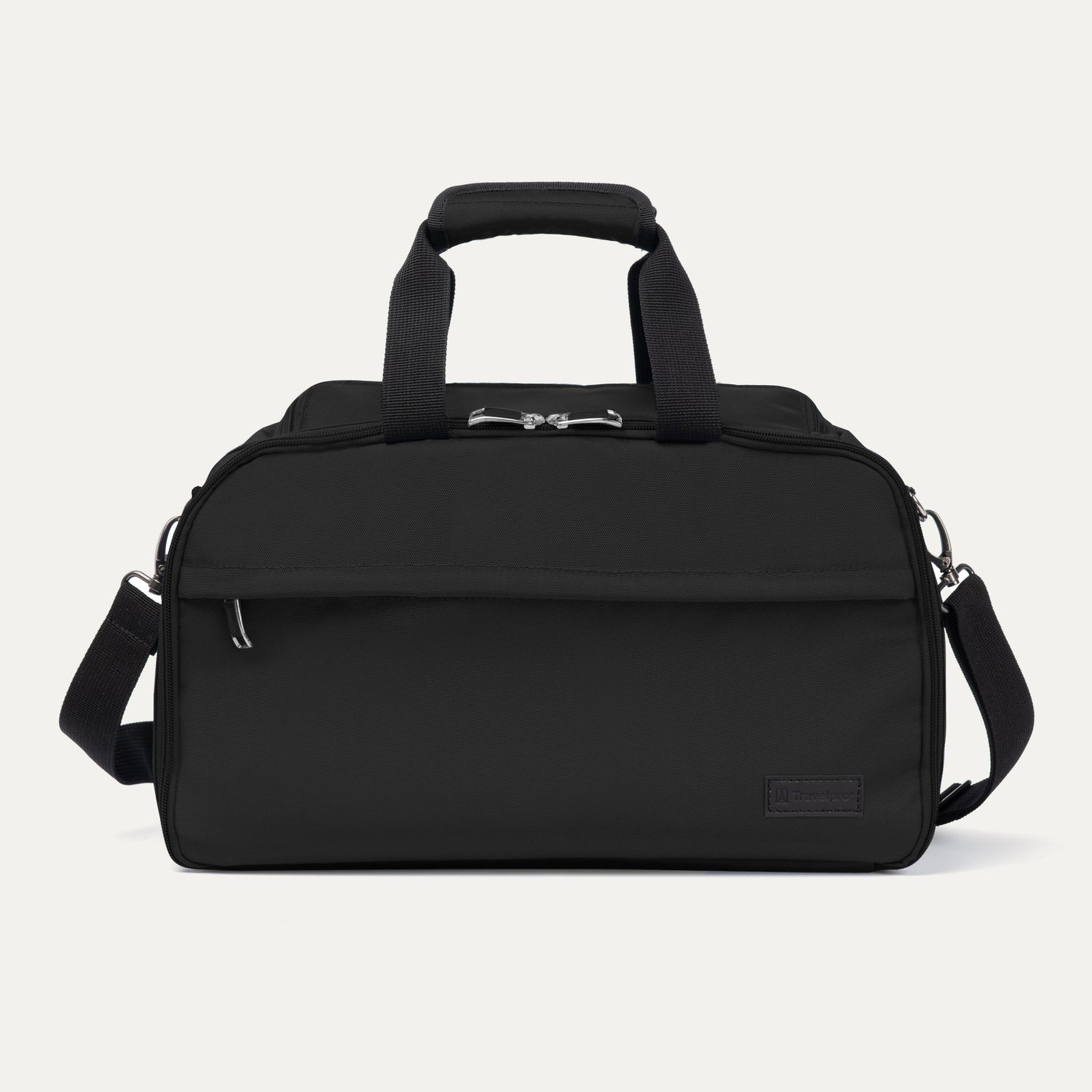 A black Travelpro 2-in-1 travel tote and cooler with a zippered front pocket, side handles, and a removable shoulder strap.