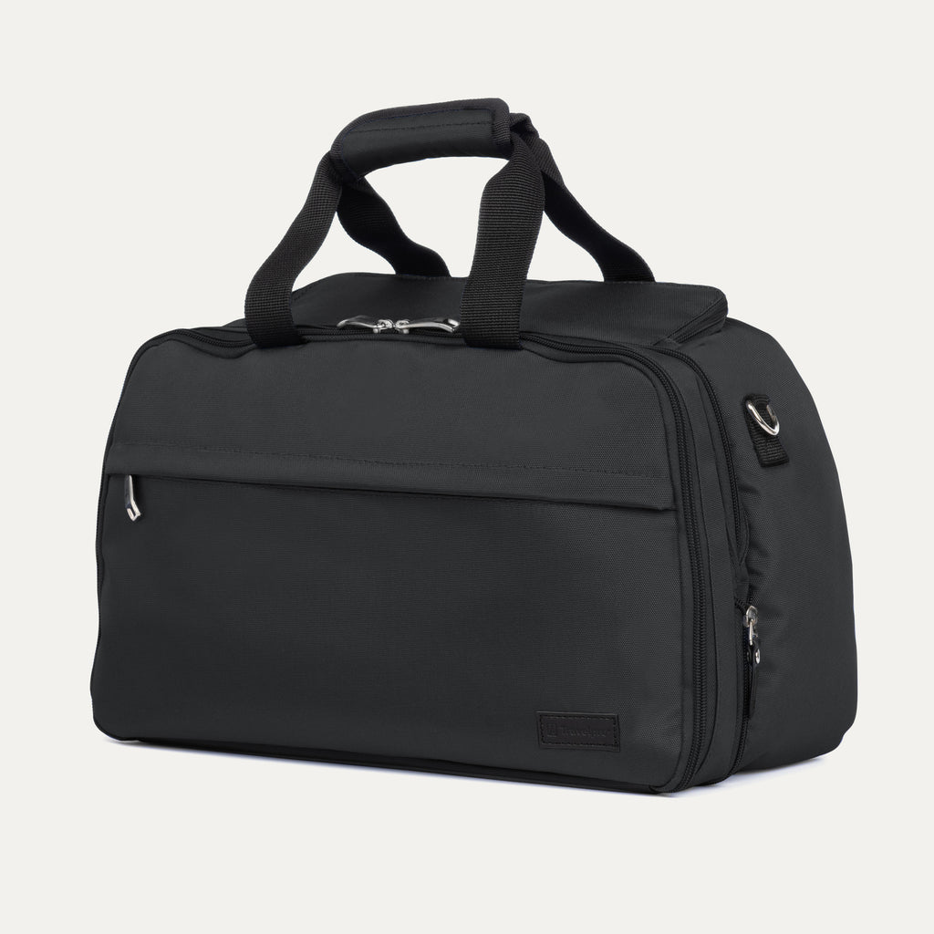 Travelpro® Essentials™ 2-in-1 Travel Tote & Cooler in Black, shown at a front angle to highlight its structured design, dual top handles, front zippered pocket, and side D-rings for attaching the adjustable shoulder strap.