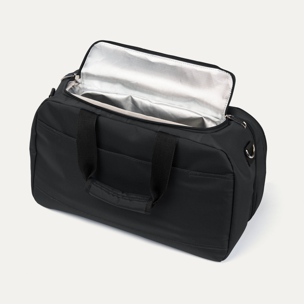 Travelpro® Essentials™ 2-in-1 Travel Tote & Cooler in Black, displayed with its insulated cooler compartment open