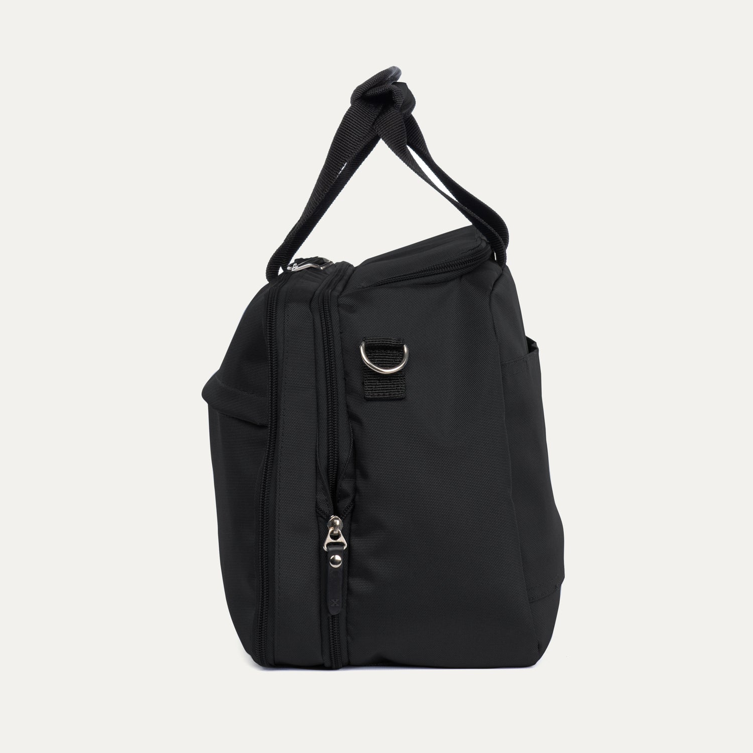 Side view of Travelpro Essentials 2-in-1 Travel Tote & Cooler in Black, showing dual top handles, side expansion zipper, and D-ring for strap attachment.