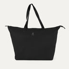 Front view of the Travelpro Essentials SparePack Foldable Tote 2.0 in Black, highlighting its spacious design, durable carry handles, and lightweight, abrasion-resistant fabric.