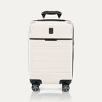 Front view of T+L Carry-On Spinner in White Sand, showing a hard shell with black trim, horizontal grooves, and dual spinner wheels.
