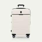 A medium-sized check-in spinner suitcase with a hard White Sand shell, wheels, and an ergonomic handle.