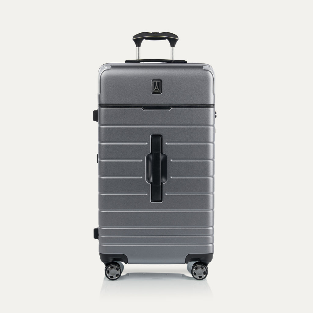 Front view of Travel + Leisure® Large Check-In Expandable Spinner in Whistler Grey, with matte finish, black trim, and dual spinner wheels.
