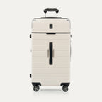 Front view of Travel + Leisure® Large Check-In Expandable Spinner in White Sand, with matte hard shell, black trim, and dual spinner wheels.
