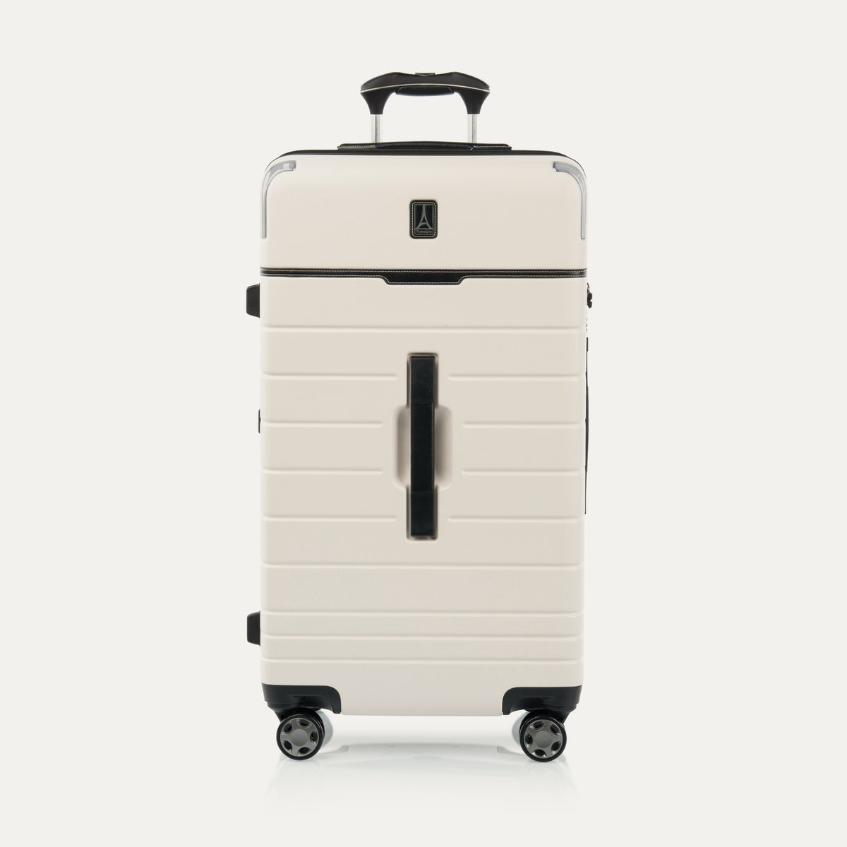 Front view of Travel + Leisure® Large Check-In Expandable Spinner in White Sand, with matte hard shell, black trim, and dual spinner wheels.
