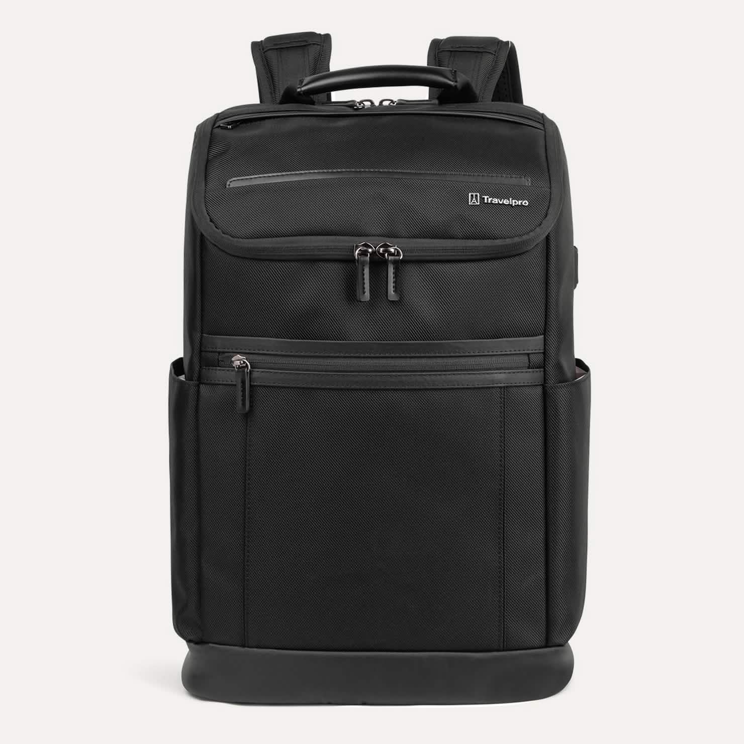 Front view of Travelpro Crew Executive Choice 3 Slim Backpack in Jet Black, featuring exterior quick-access pockets.
