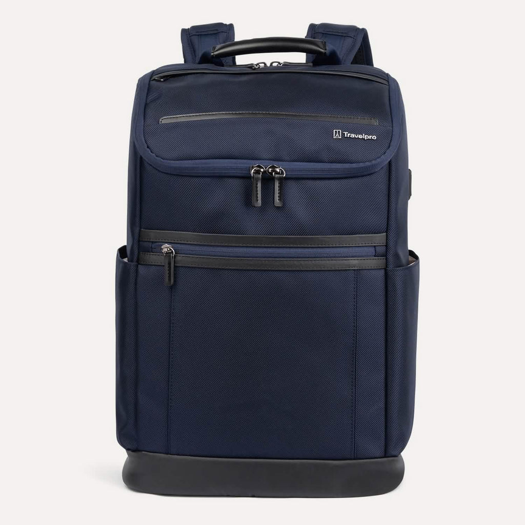 Front view of Travelpro Crew Executive Choice 3 Slim Backpack in Patriot Blue, featuring exterior quick-access pockets.
