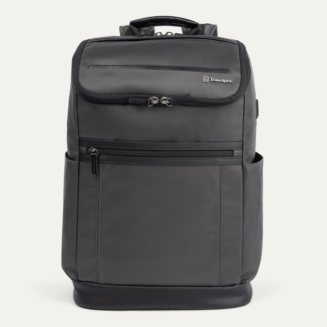 Front view of Travelpro Crew Executive Choice 3 Slim Backpack in Titanium Gray, featuring exterior quick-access pockets.
