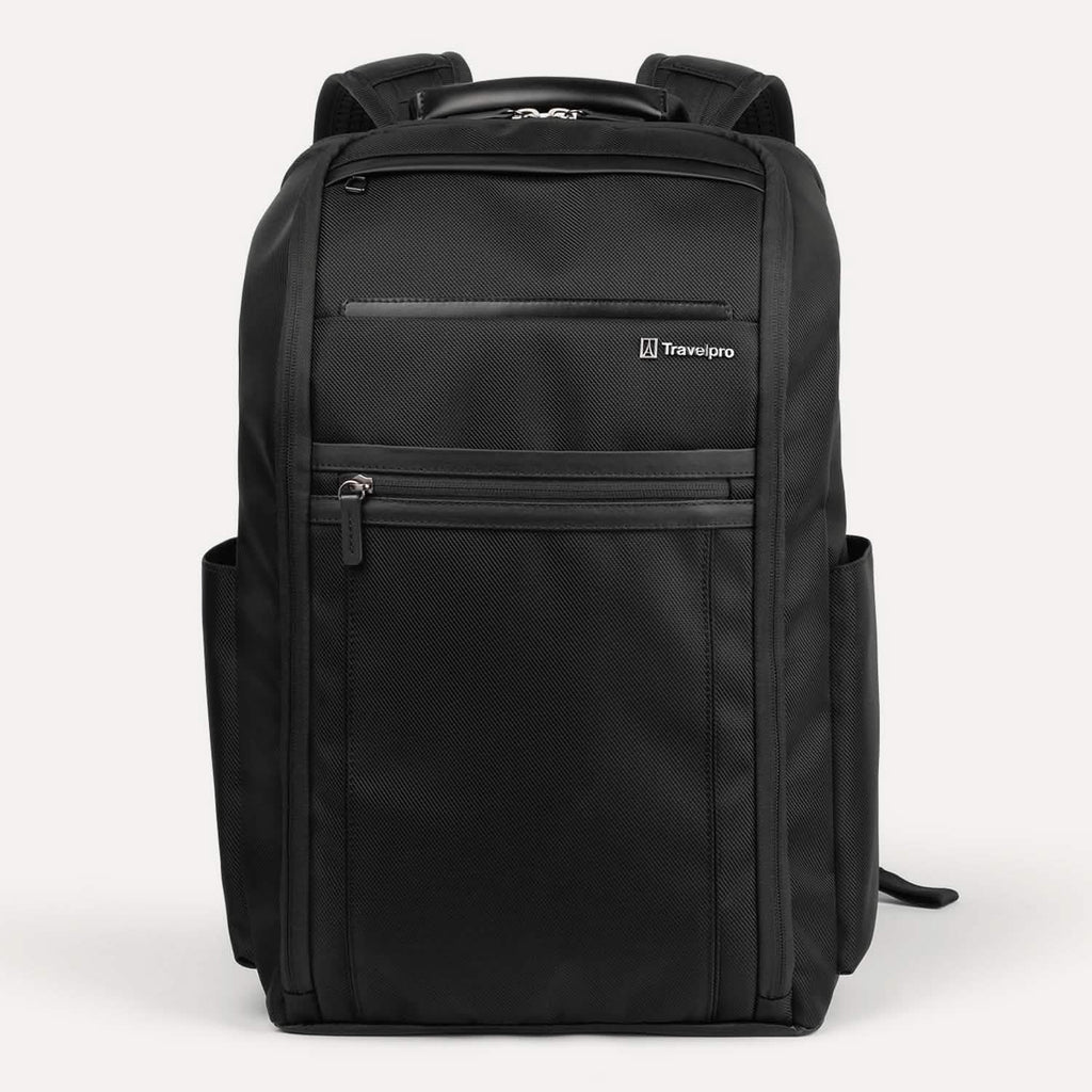 A black Travelpro Crew Executive Choice 3 Slim backpack with multiple compartments and leather accents.