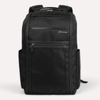 A black Travelpro Crew Executive Choice 3 Slim backpack with multiple compartments and leather accents.